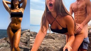 Híres influenszer (jegyes lány) popóba kapja szardínia sziklái mögött